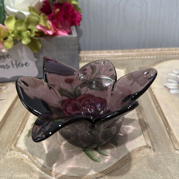 Vintage Handblown Amethyst Purple Murano Glass Tulip Flower Shape Vase Dish - Picture 5 of 12